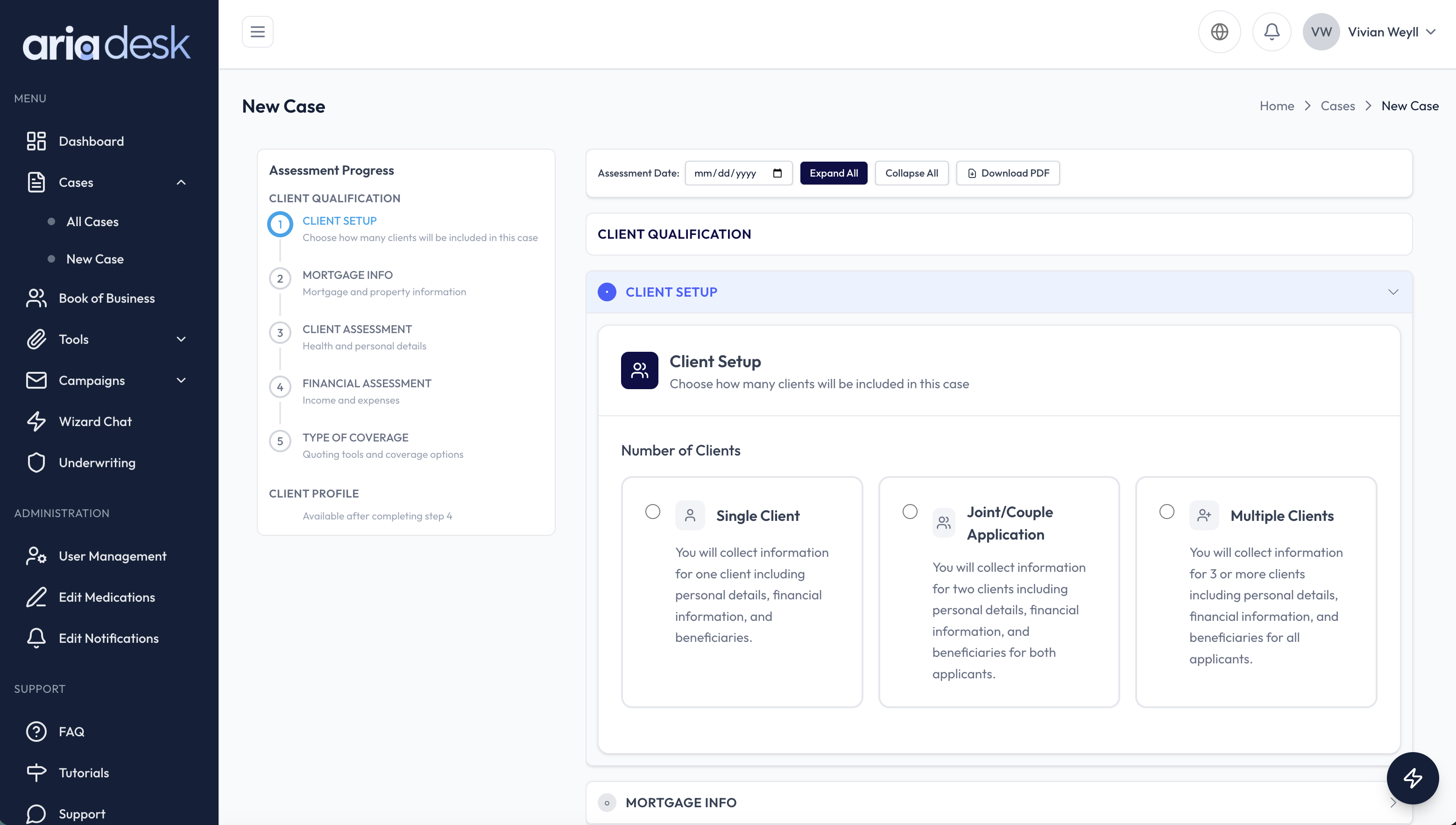 AriaDesk back office — New Case assessment