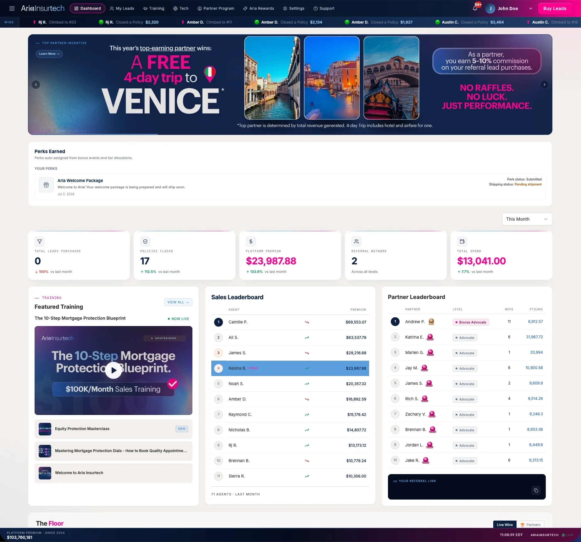 Aria Leads marketplace dashboard