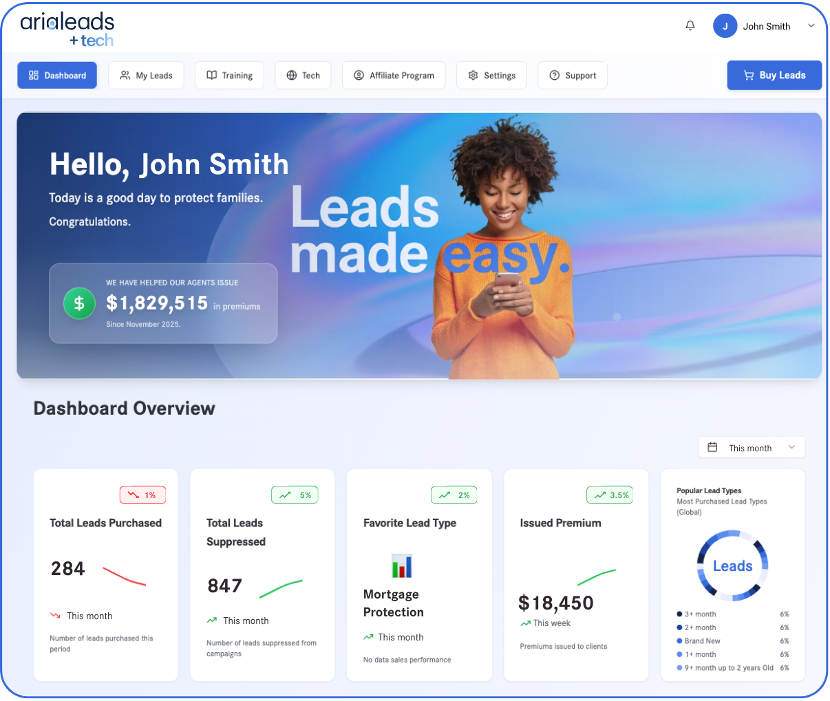 Aria Leads marketplace dashboard